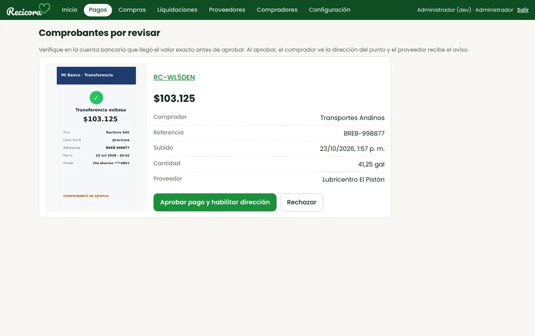 Panel de administración de Recicora para revisar comprobantes de pago