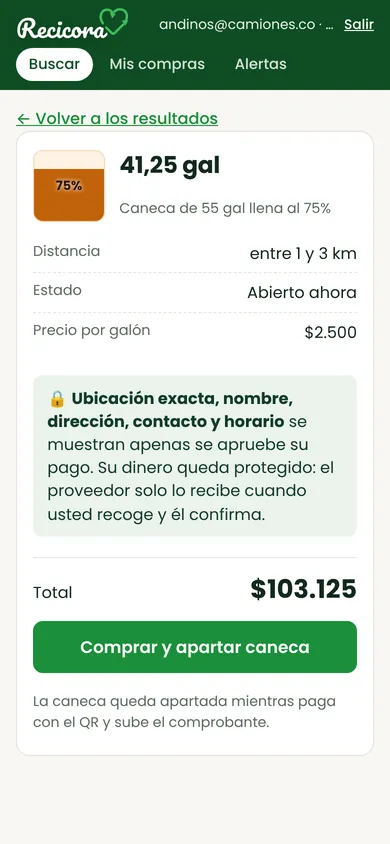 Detalle de la caneca con cantidad, distancia y precio antes de comprar