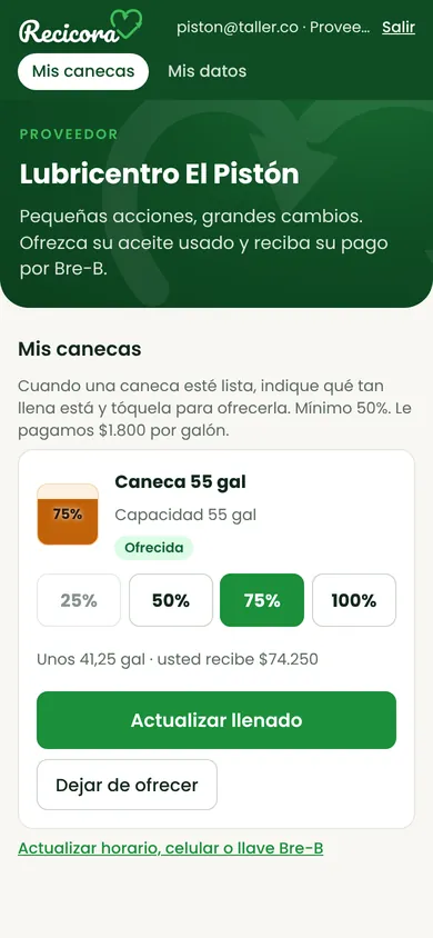 Pantalla del taller para ofrecer una caneca de aceite usado