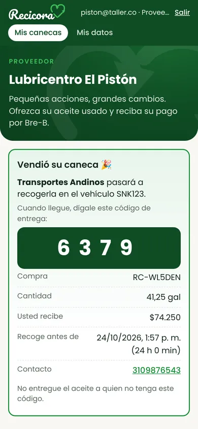 Caneca vendida con el código de entrega para el recolector